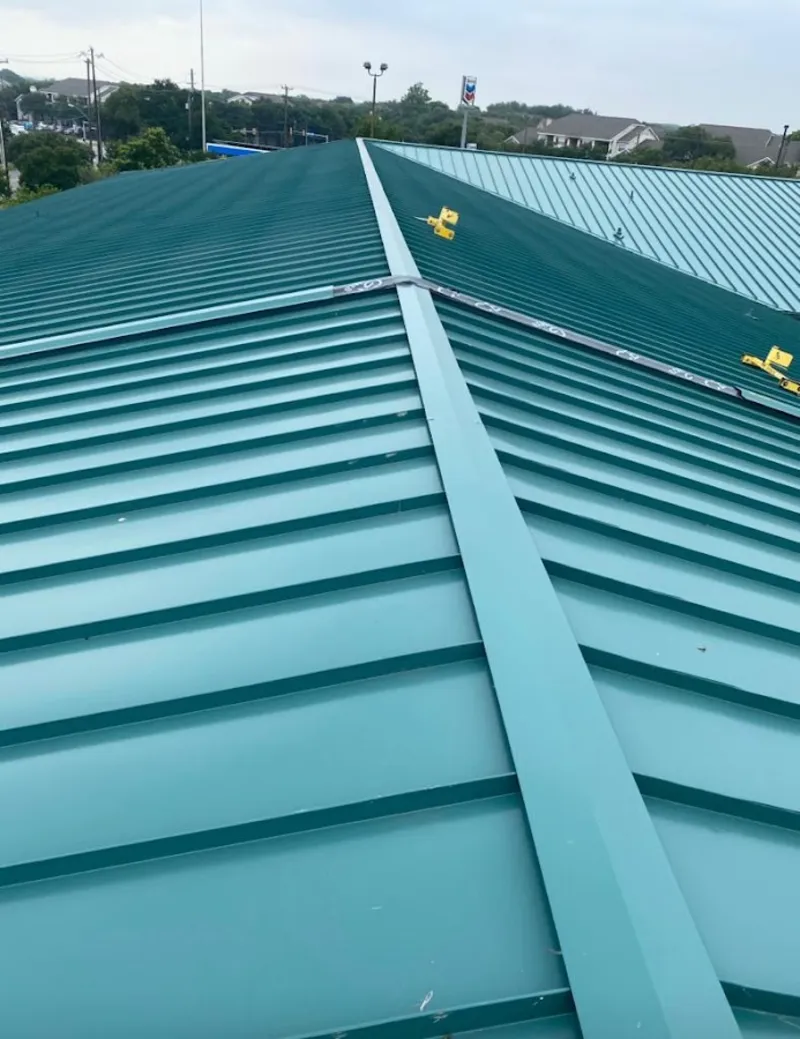 Green commercial metal roof ridge and valley for Metal Roof Repair in Compton